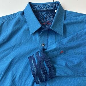 Robert Graham Button Up Shirt Bright Blue Embroidered Collar Turn Cuff Large